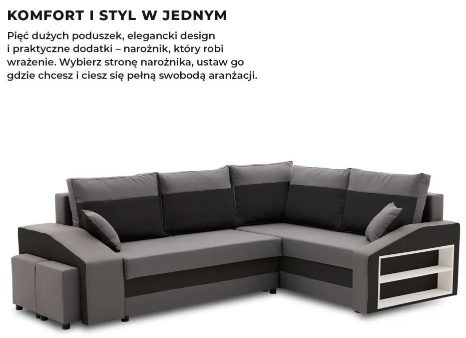 Grande sarokkanapé polcokkal és puffokkal , polc a jobb karfaban puffok a bal karfaban, jobboldali, szövet anyag, bonell töltet, szürke - fekete