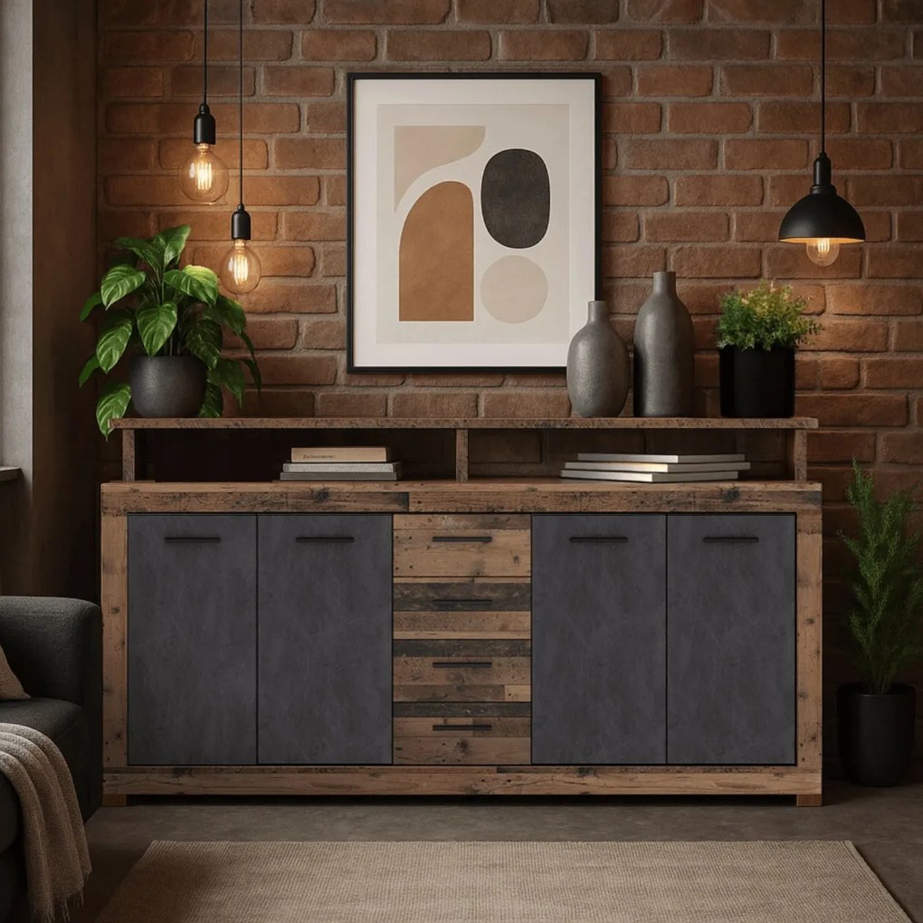 BLAGO komód 190 cm sötét tölgy/fekete