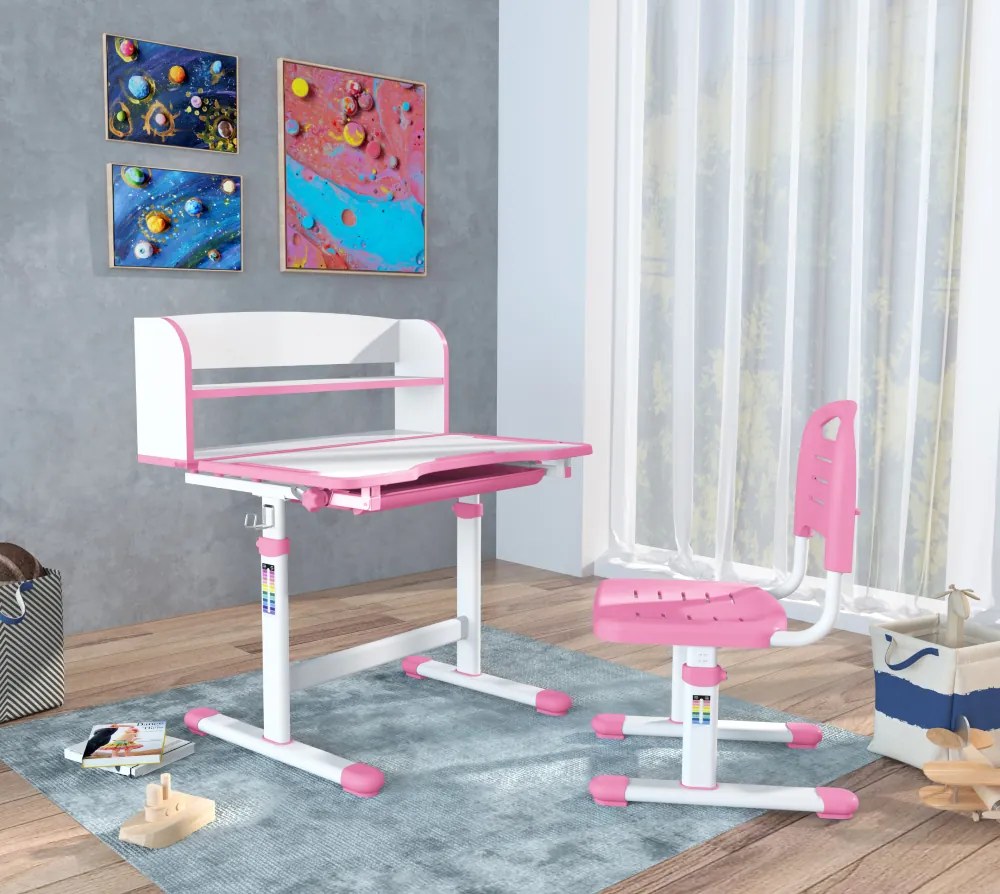 Növekvő íróasztal és szék, rózsaszín/fehér, set ZION