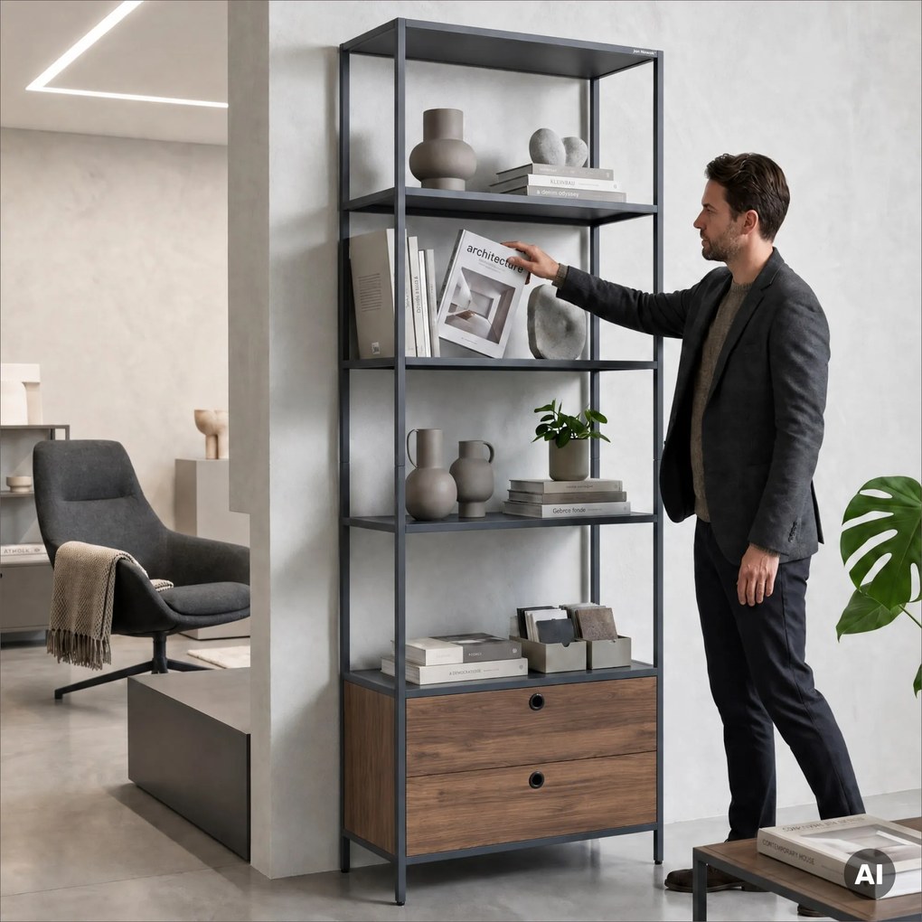 Polc fiókokkal irodába, iratrendezőkhöz és dokumentumokhoz, nyitott polcok, fém, antracit/dió, 800x2200x400 mm: ARIEL Eco Design