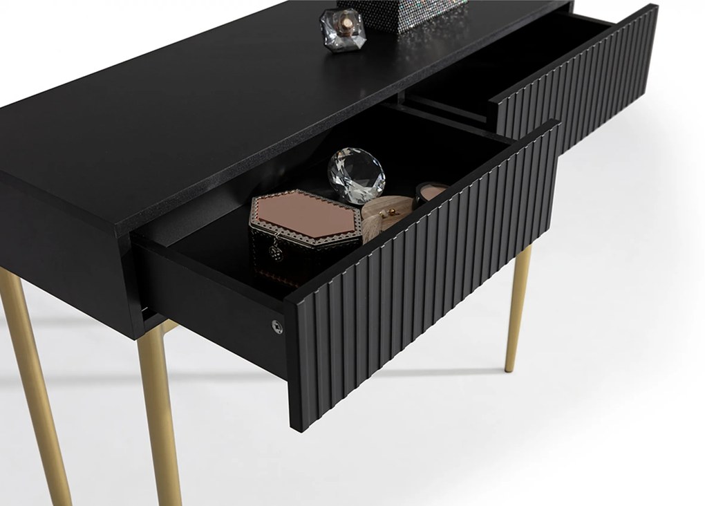 Nicole fésülködőasztal 100 cm fiókokkal - matt fekete / arany lábak