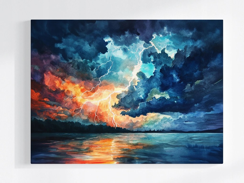 Vászonkép Canvas Tájkép Tó Folyó Víz Ég Vihar Villám 100x75
