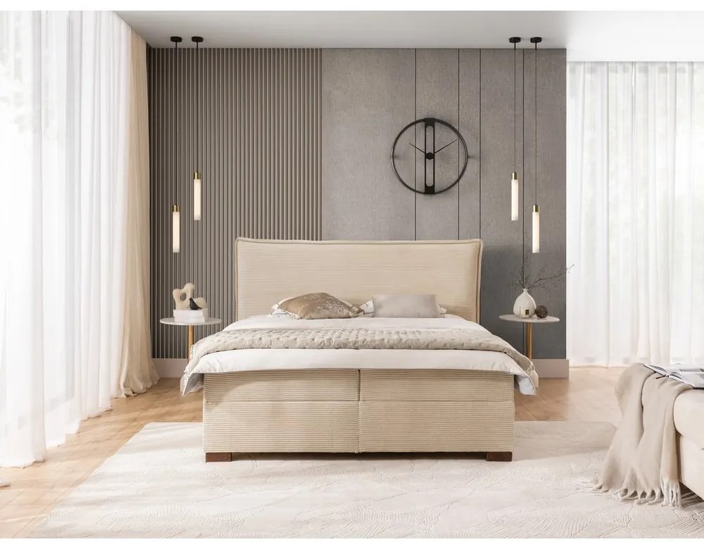 Bézs ágyneműtartós boxspring ágy 180x200 cm Lysa – Ropez