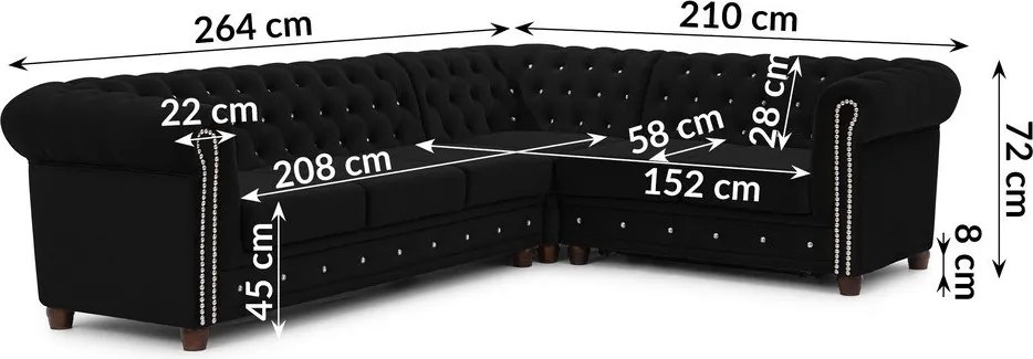 Fekete bársony kinyitható sarokkanapé (jobb oldali-L alakú) York Blik – Ropez
