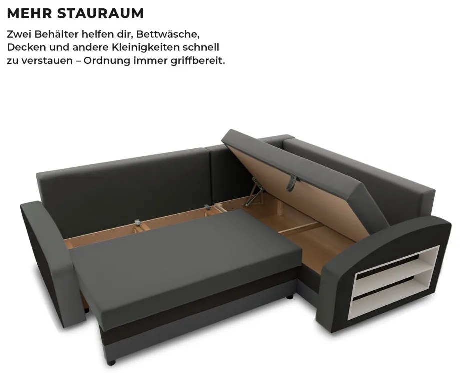 Grande sarokkanapé polcokkal , polc a jobb karfaban, jobboldali, szövet anyag, bonell töltet, szürke - fekete