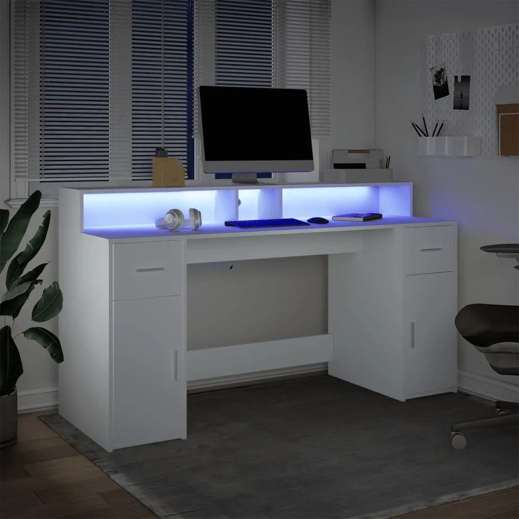 fehér szerelt fa íróasztal LED-világítással 160 x 55 x 91 cm