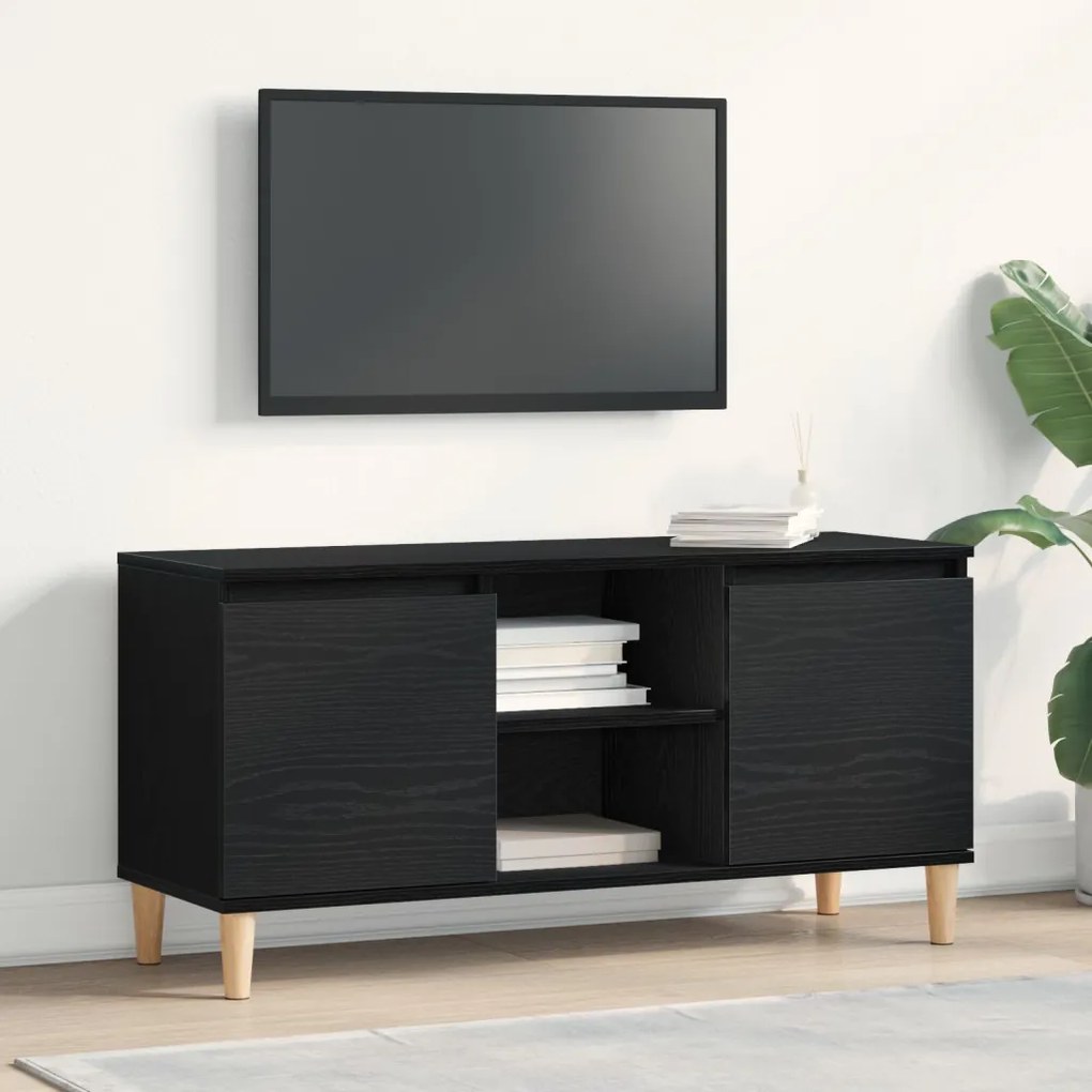 TV Szekrény Fa Lábbal Fekete Tölgy 102x35x50 cm