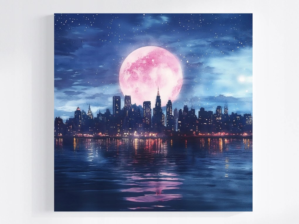 Vászonkép Canvas Város Panoráma Felhőkarcolók Folyó Éjszaka Hold 40x40