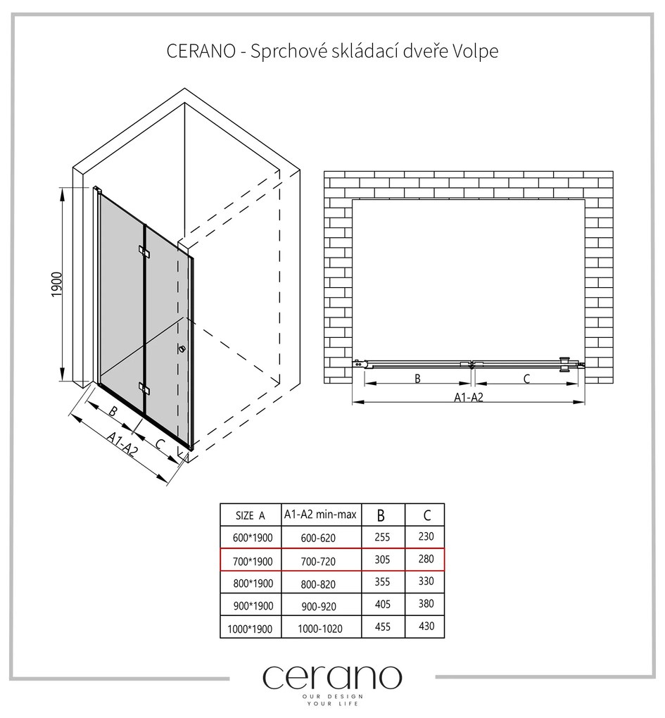 Cerano Volpe, összecsukható zuhanyajtó 70x190 cm, 6mm átlátszó üveg, króm profil, CER-CER-423294
