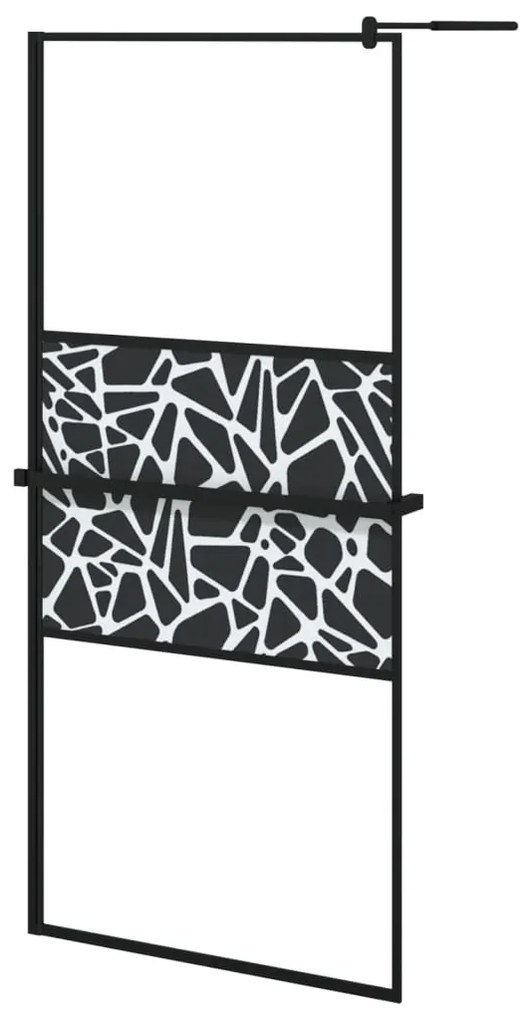 Fekete ESG üveg és alumínium zuhanyfal polccal 90 x 195 cm