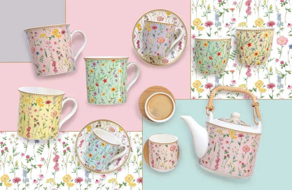 Porcelán bögreszett 4db-os, 300ml, dobozban, Atmosphere, Meadow Flowers