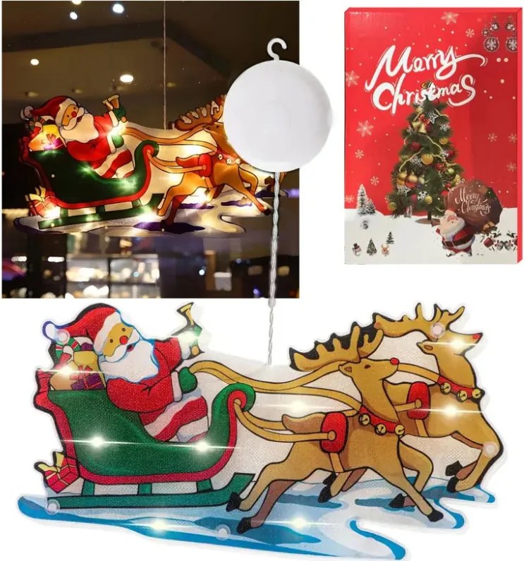 Led Dekoráció Szánkó Mikulás Rénszarvas Karácsonyi Elemes Lámpa Ablakra 25CM