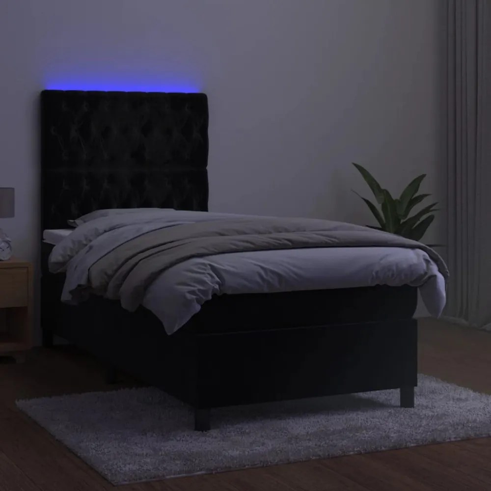 fekete bársony rugós és LED-es ágy matraccal 100x200 cm