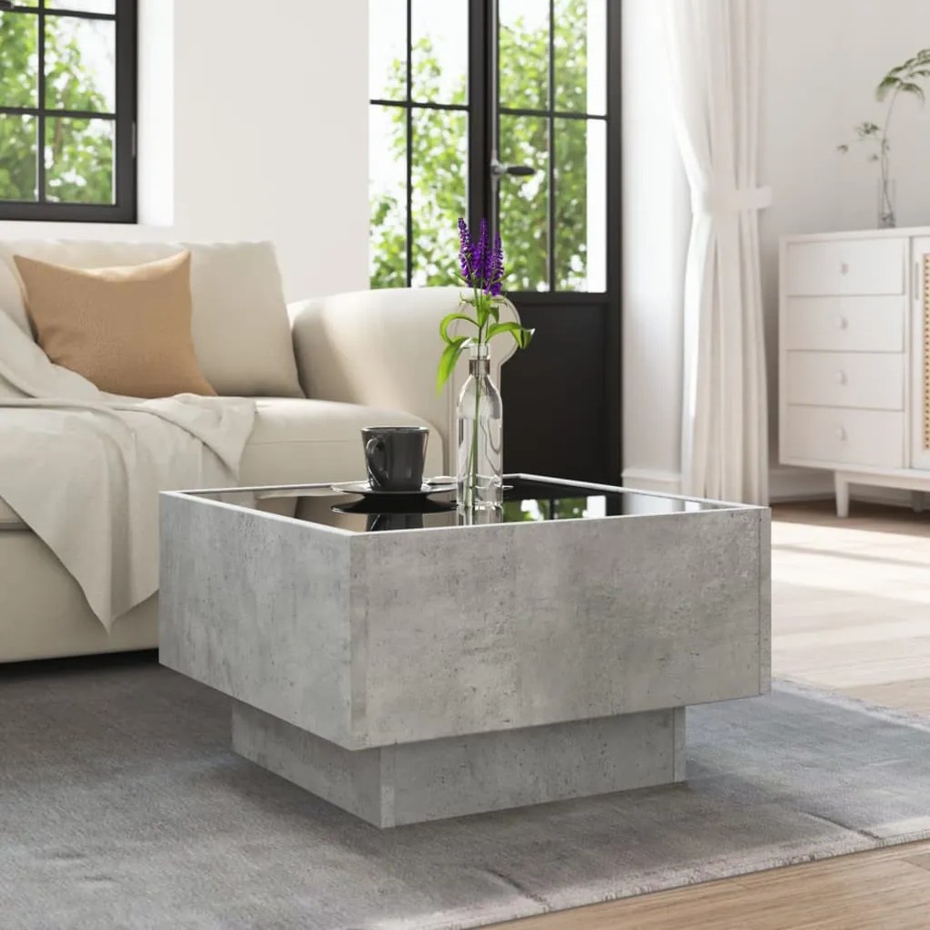 Betonszürke szerelt fa dohányzóasztal LED-del 50 x 50 x 30 cm
