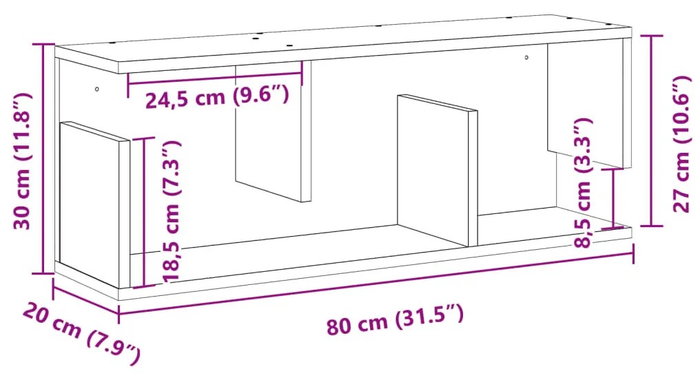 betonszürke szerelt fa faliszekrény 80 x 20 x 30 cm