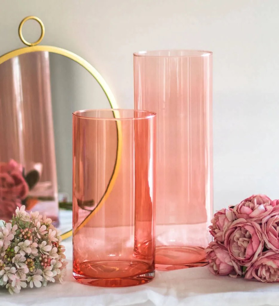 Látványos magas hengeres üveg váza lazac cső 15x40 cm ajándék