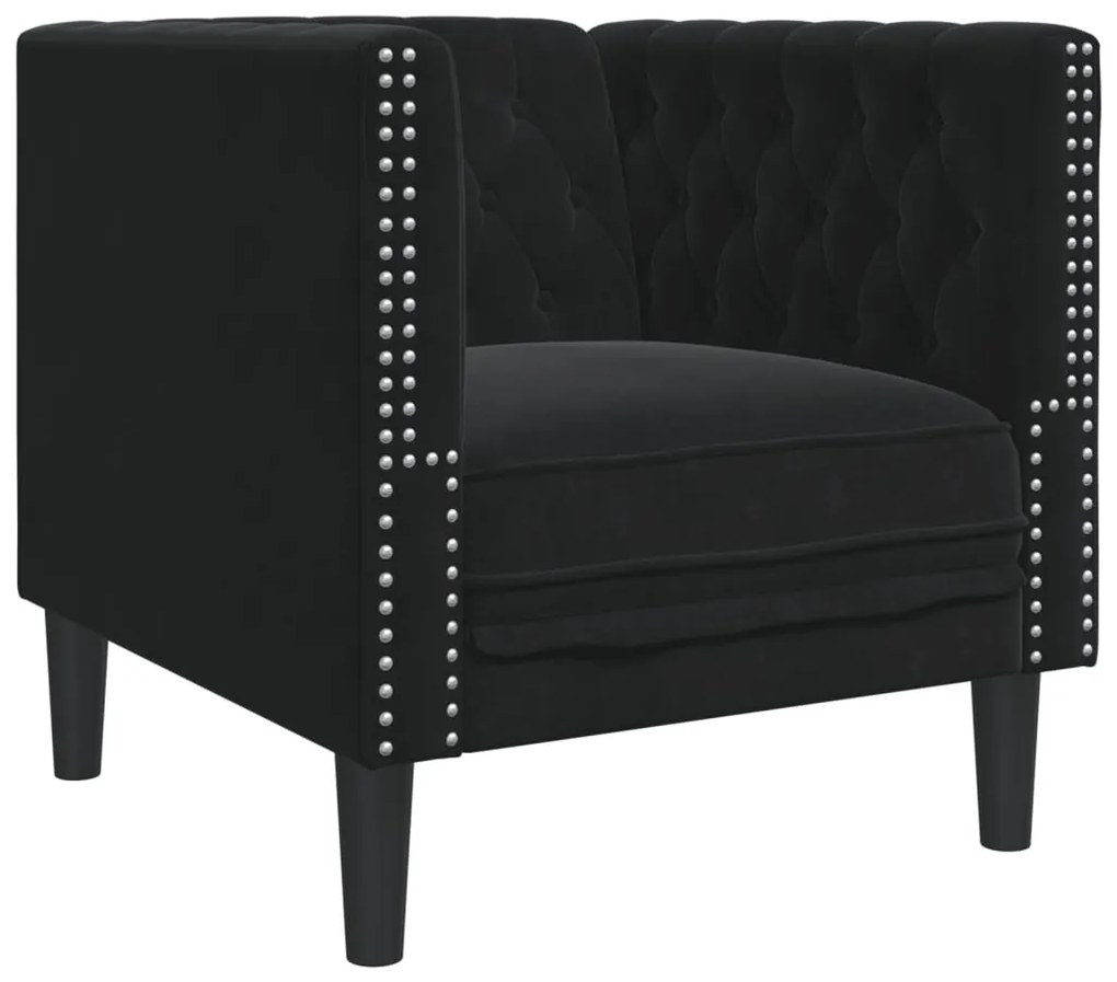 3 részes fekete bársony Chesterfield kanapészett párnákkal