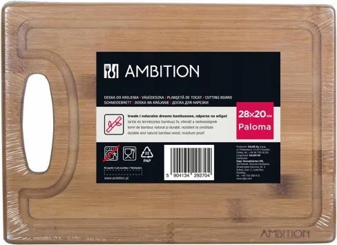 Bambusz vágódeszka fogantyúval Ambition Paloma 28x20x1,5 cm