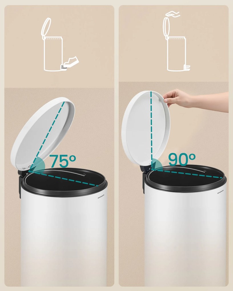 Fém kerek konyhai szemetes, 30 L, pedálos, műanyag belső vödörrel, fehér