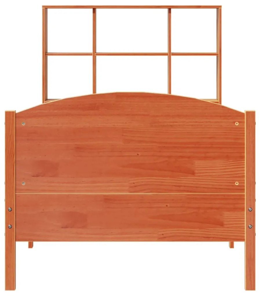 barna tömör fenyőfa könyvespolcos ágy matrac nélkül 100 x 200cm