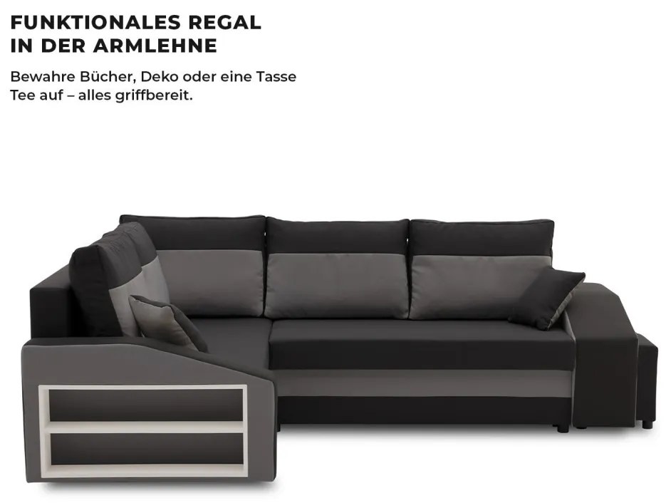 Grande sarokkanapé polcokkal és puffokkal , polc a bal karfaban puffok a jobb karfaban, baloldali, szövet anyag, bonell töltet, fekete - szürke