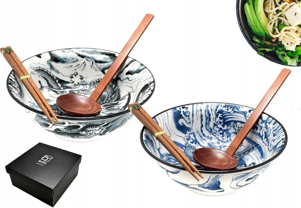 2 db-os tál szett kanállal és pálcikákkal Ramen Dragon 20,5 cm 1000 ml Box