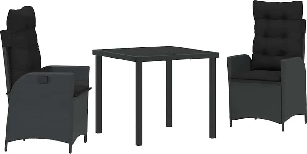 vidaXL Kert étkező szett párnával 3 pcs Fekete polirattan