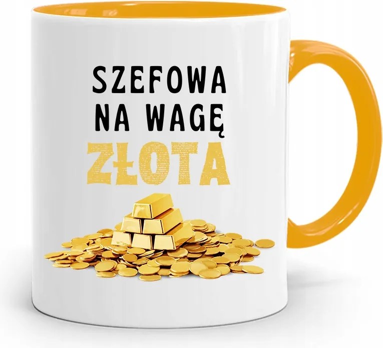 Sárga Bögre Ajándék Főnöknek Arany Mérleggel, fényképes nyomtatással