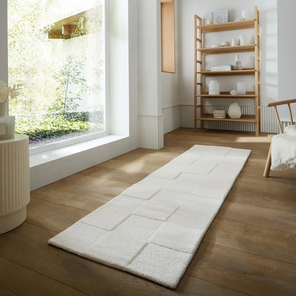 Elefántcsont színű kézi szövésű gyapjú futószőnyeg 60x230 cm Checkerboard – Flair Rugs