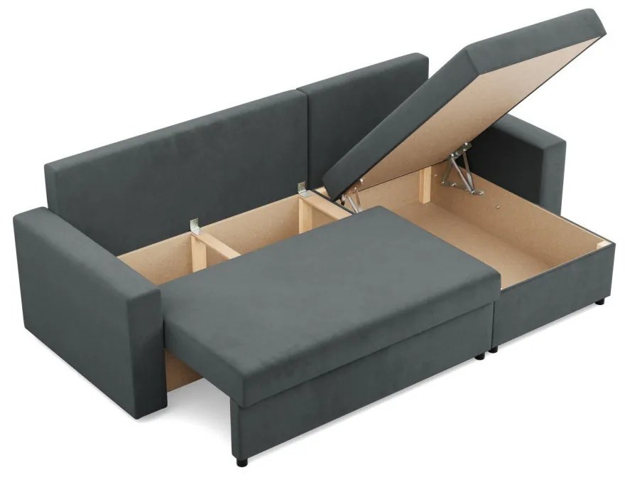 Zeus sarokkanapé, 1 ágyneműtartóval, egyenes kartámasz, bársony, univerzális oldal, bonell töltet, szürke