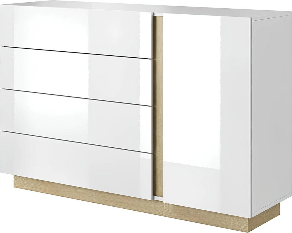 Komód D4S, fehér/grandson tölgy/fehér magas fényű, CITY