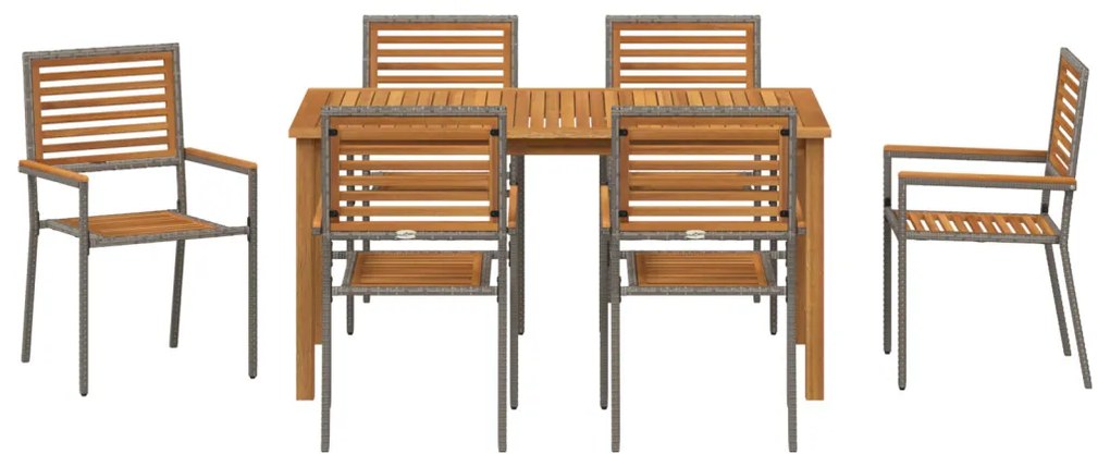 7 részes kerti étkezőszett Szürke Poli Rattan Akác, Egymásra rakható kerti székek párnákkal 2 db Szürke Poli Rattan