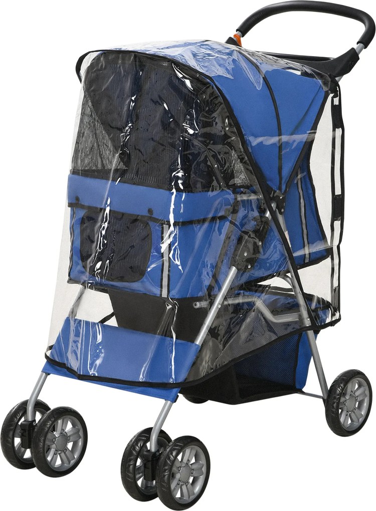 PawHut Kutyakocsi, Kutyakocsi Esővédővel, Összecsukható Kutyakocsik 10 kg-ig, Macskakocsi Kicsi Kutyáknak Pohártartóval, Hálóablakkal, Kék, 75 x 45 x