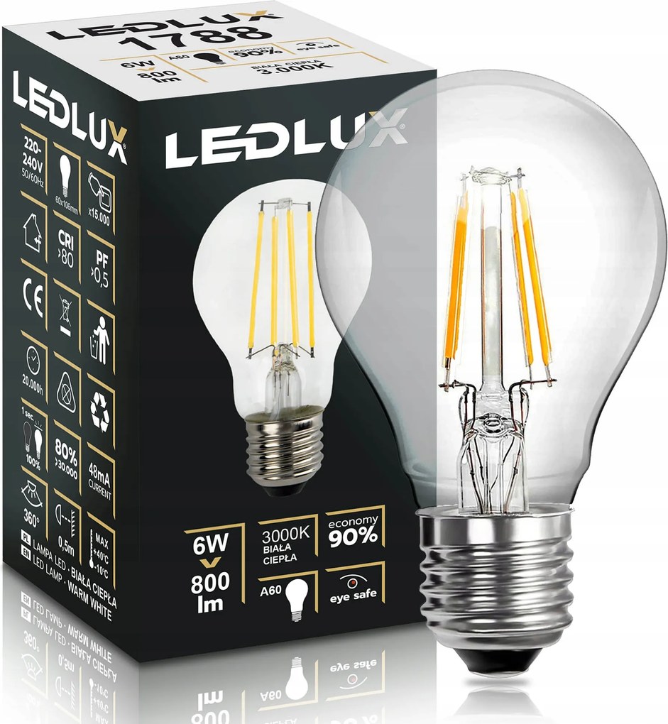 Izzó E27 Filament 6W =50W 3000K meleg prémium Ledlux nem villog edison