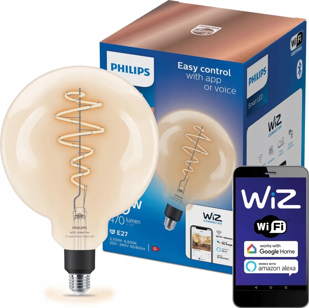 Led izzó E27 G200 6,7W 40W 2700-6500K Filament Smart WiFi Philips WiZ