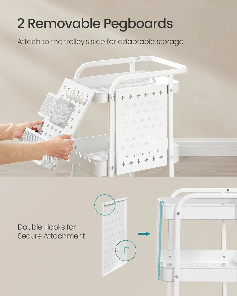 Tárolókocsi 3 fémhálós polccal fehér színben