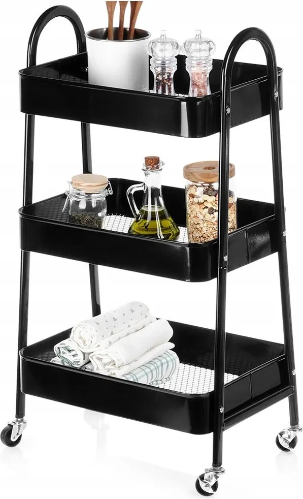 Gurulós Könyvespolc Fém Fekete 3 Szintes Fürdőszobai Konyhai Kocsi