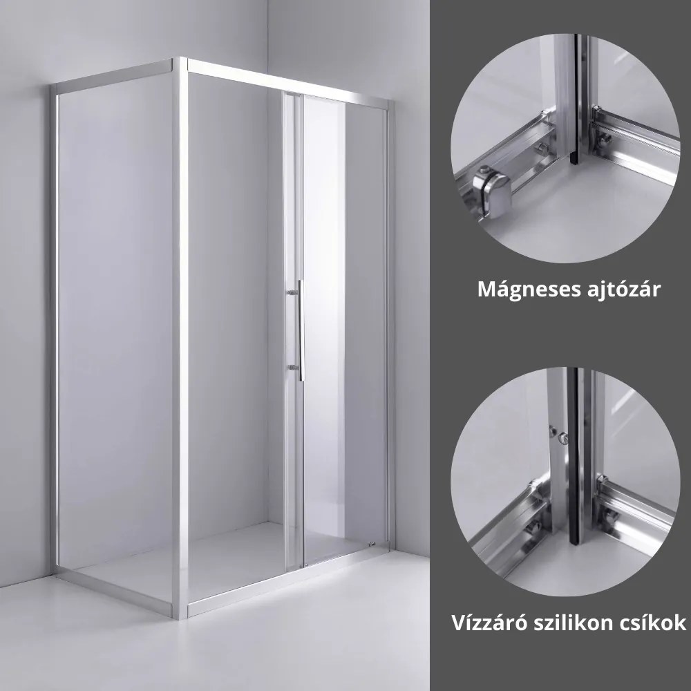 Stuxi Nizza 110x80 aszimmetrikus szögletes tolóajtós zuhanykabin 6 mm vízlepergető biztonsági üveggel, króm elemekkel, 200 cm magas