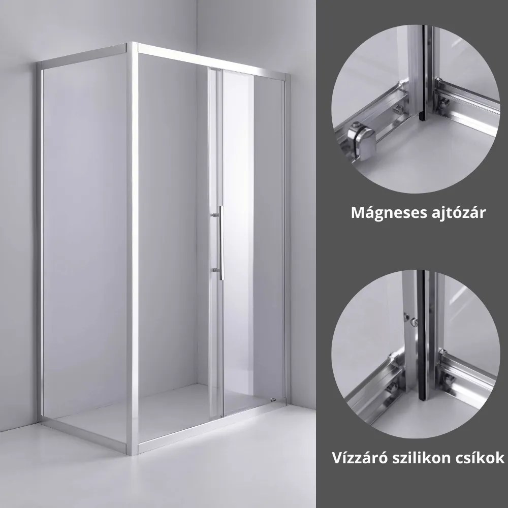 Stuxi Nizza 120x80 aszimmetrikus szögletes tolóajtós zuhanykabin 6 mm vízlepergető biztonsági üveggel, króm elemekkel, 200 cm magas
