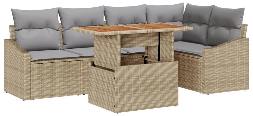 6 darabos Kerti Étkező Szett Párnákkal Bézs Poli Rattan Acacia