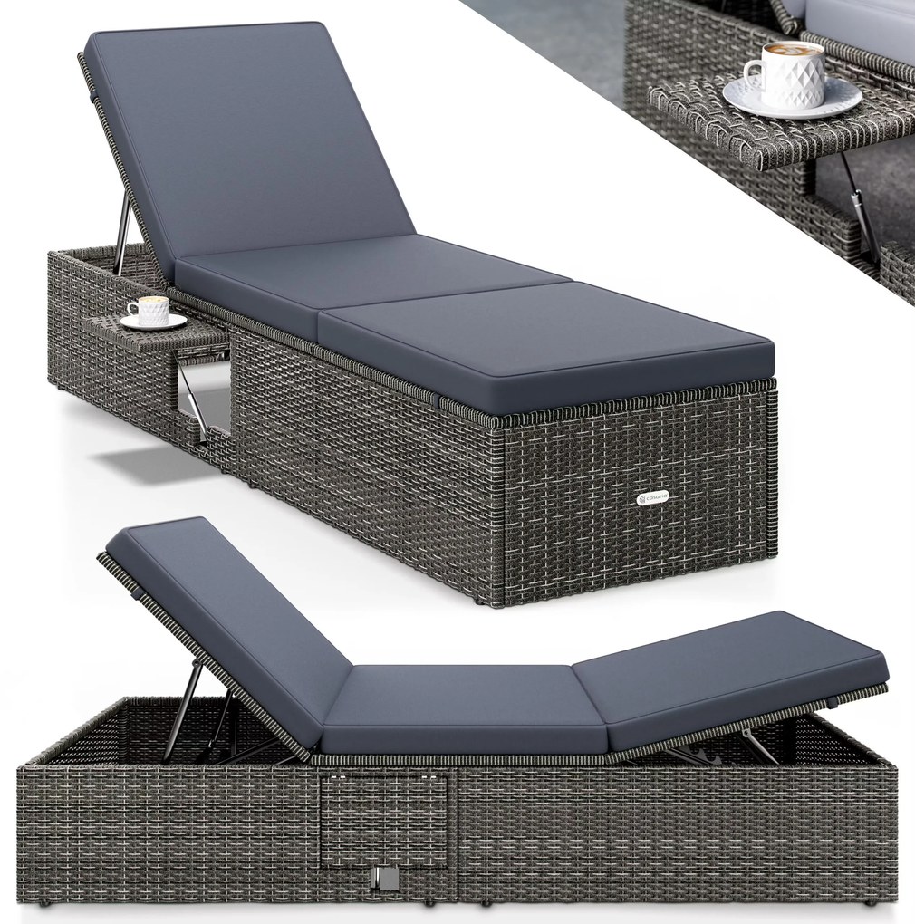 Casaria® Kerti rattan napozóágy szürke - antracit párna