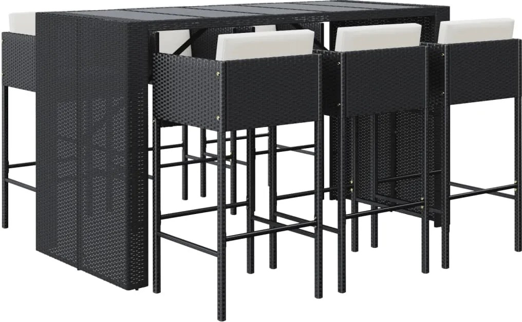 vidaXL 7 részes fekete polyrattan kerti bárszett párnákkal
