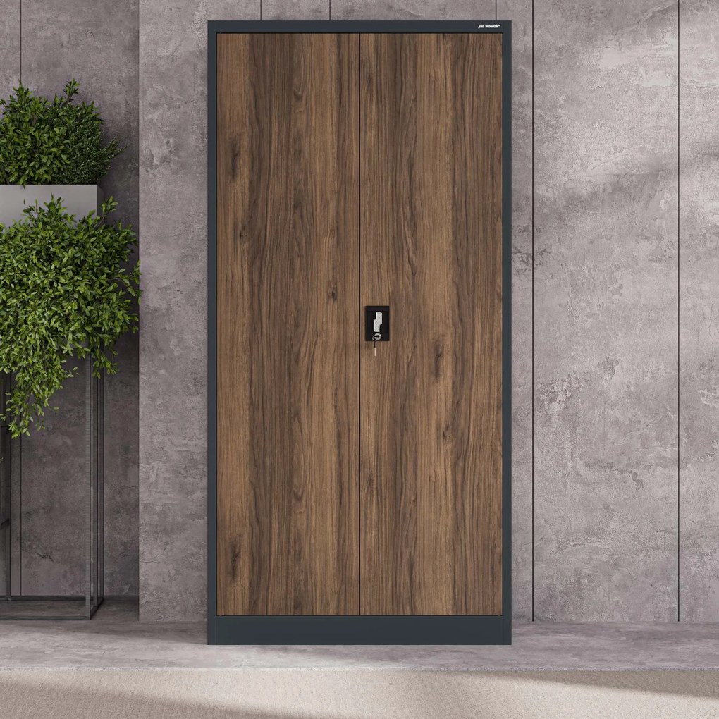 Fém iratszekrény JAN, 900 x 1850 x 400 mm, Eco Design: antracit/ dió