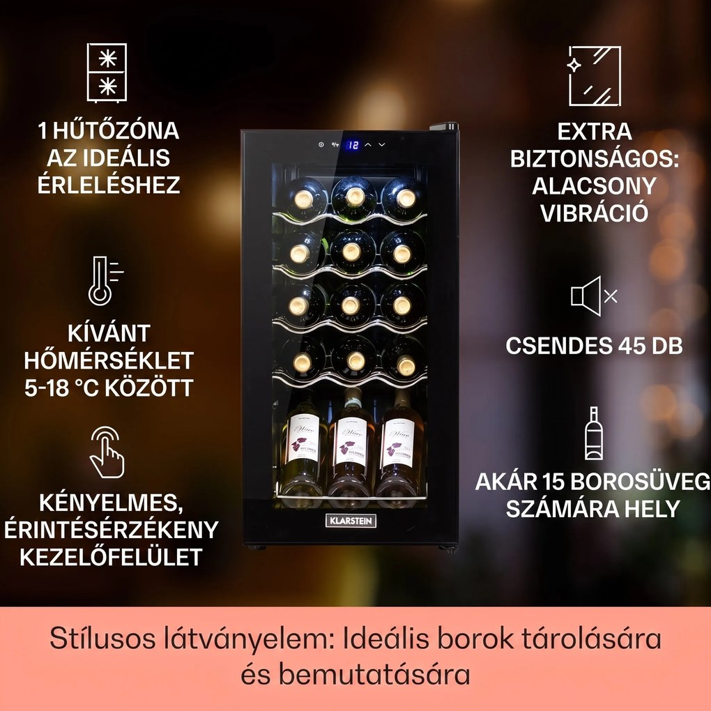 Klarstein Shiraz 15 Slim Uno, borhűtő, 44 liter, 135 W, 5 – 18 °C, érintőképernyős, fekete