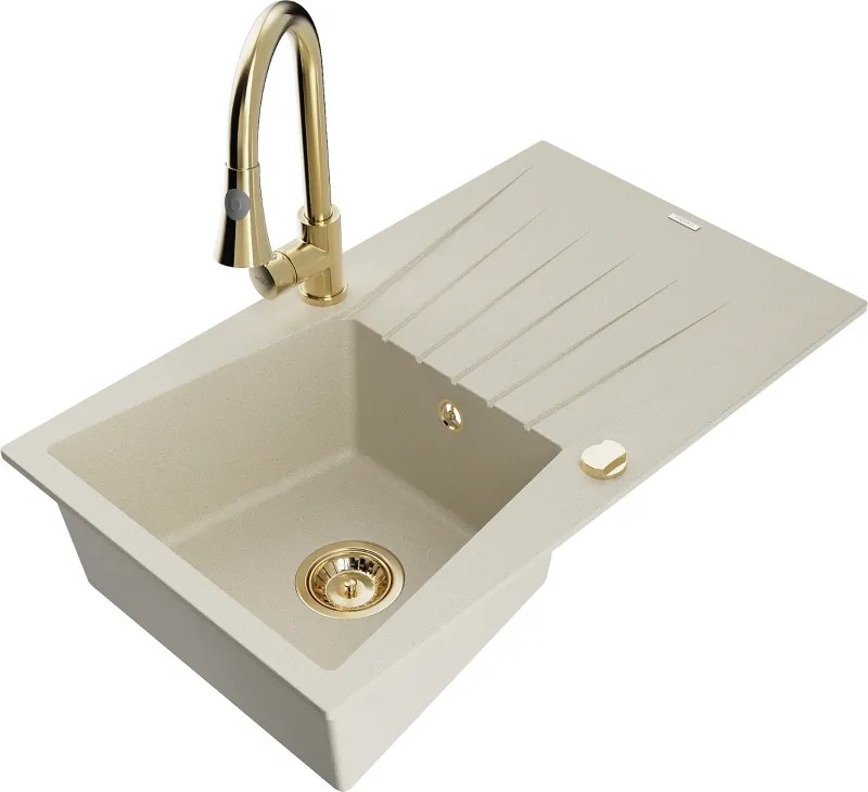 Mexen Cesar 1 rekeszes gránit mosogató csepegtetővel és Elia konyhai csapteleppel, bézs - 6514-69-670101-50