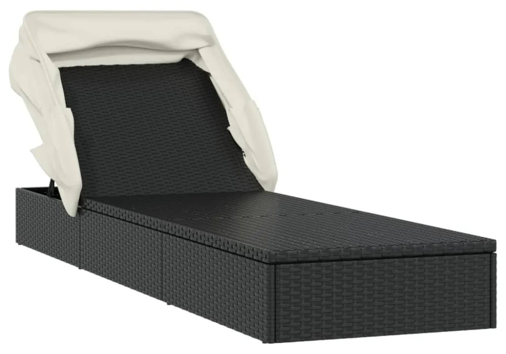 fekete polyrattan napozóágy összecsukható tetővel 213x63x97 cm