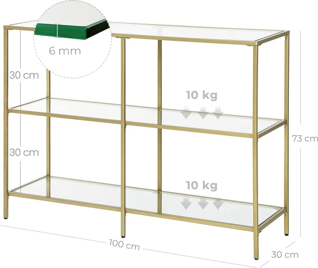 Edzett üveg konzolasztal 100 x 30 x 73 cm, lerakóasztal 3 polccal, arany