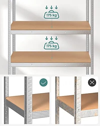 Ötszintes polcrendszer, acél polcrendszer tároláshoz, teherbírás 875 kg, 60 x 120 x 200 cm, ezüst