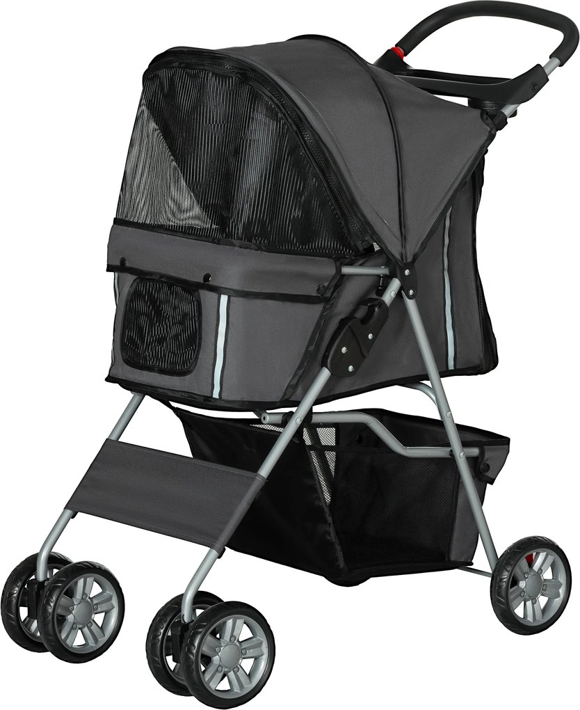 PawHut Összecsukható Kutyakocsi Kis Kutyák Számára Állítható Tetővel, Alsó Kosárral, Hálóablakokkal, Üveg Tartókkal és Kerekekkel, Teherbírása 15 kg 7