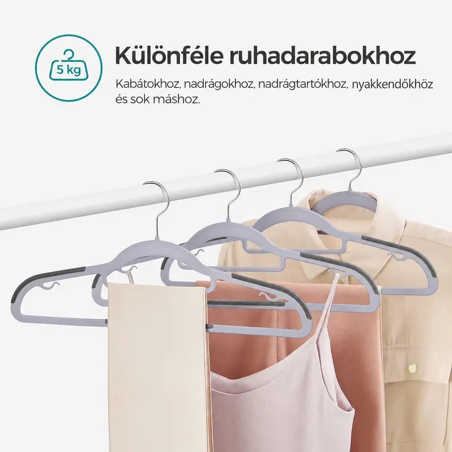Csúszásmentes nagy teherbírású műanyag vállfák 50 db-os csomag, világos és sötétszürke